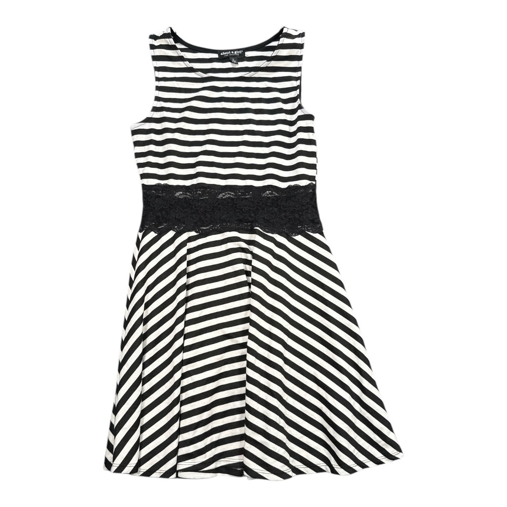 About A Girl LA Black White Striped Lace Waist Fit Flare Dress Women's
